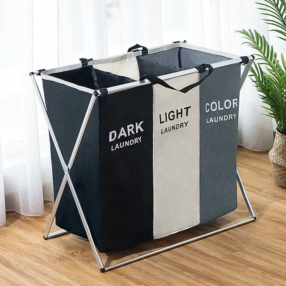 Cesto de ropa sucia con 3 compartimentos 65×40×60 cm de poliéster para baño image 1