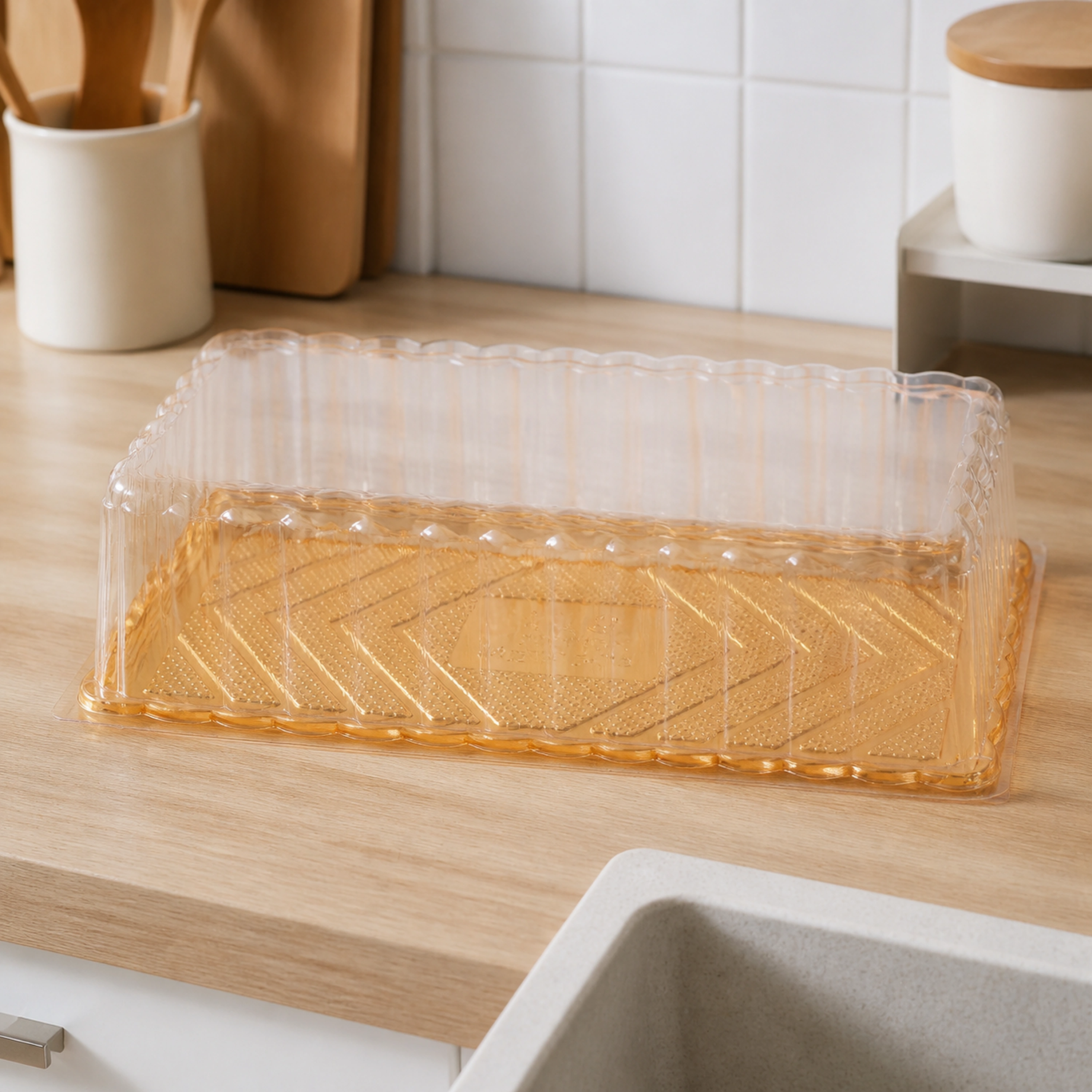 Caja Cuadrada Desechable para Pastel y Frutas con Bandeja de Plástico 37x17x10 cm (50 uds)
